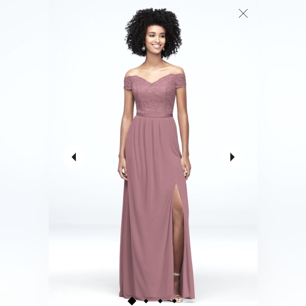NWT David’s Bridal off-the-shoulder lace and mesh bridesmaid dress